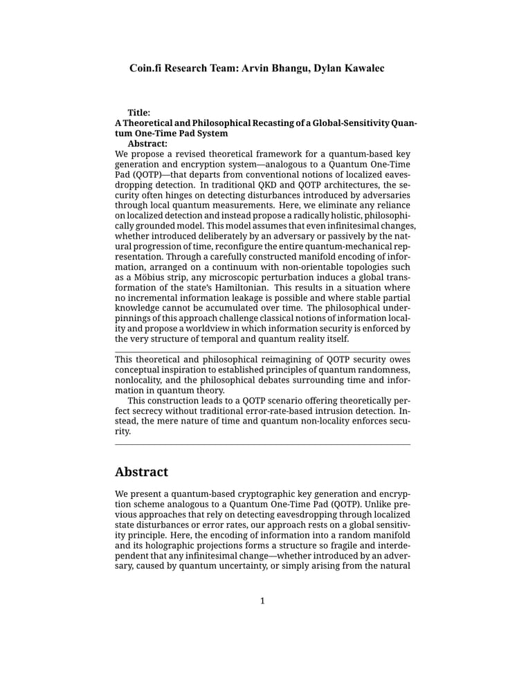 First page of A Recasting of a Quantum One-Time Pad System
